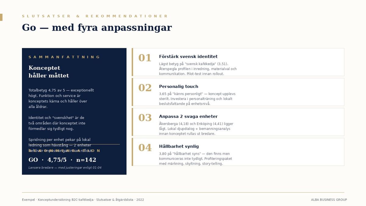 Exempel: Slutsatser, Go-rekommendation och fyra anpassningar