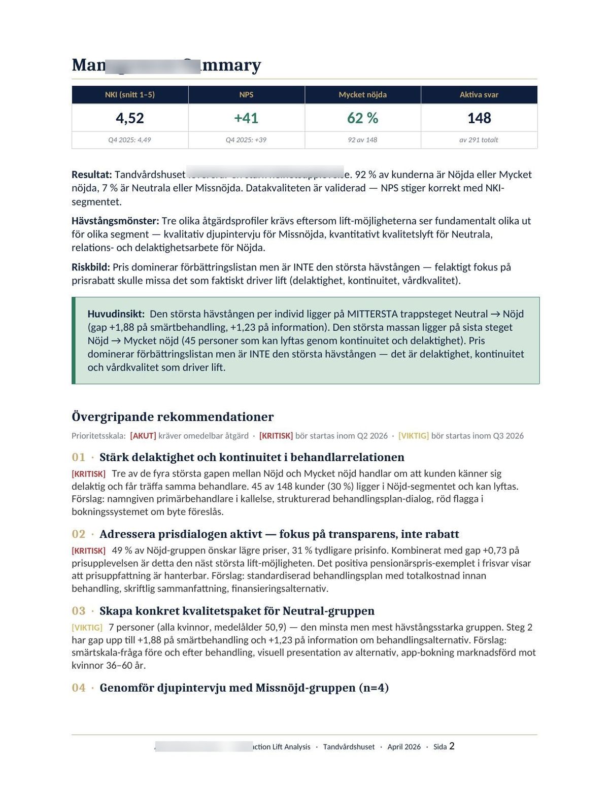 Satisfaction Lift Analysis — Management Summary med prioriterade rekommendationer